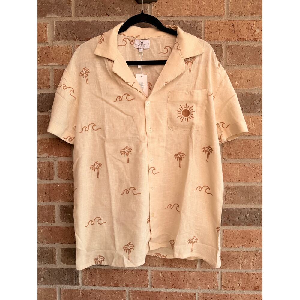 Simply Southern Mens Beige Cotton Button Down Palm Trees Size Large NWT
